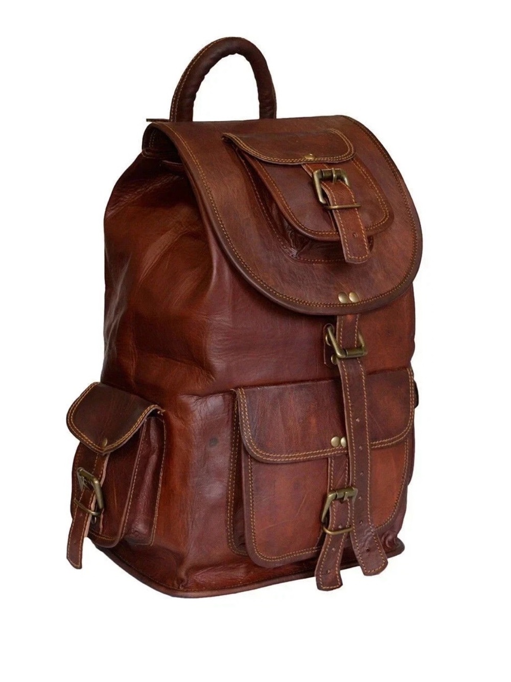Men's Brown Leather Backpack with Buckle Pockets